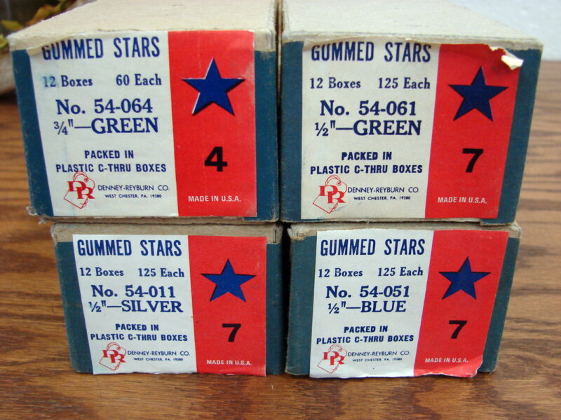 4,750 Vintage Gummed Foil Stars Old School Homework Red Green Silver Blue Original Boxes, Moose-R-Us.Com Log Cabin Decor