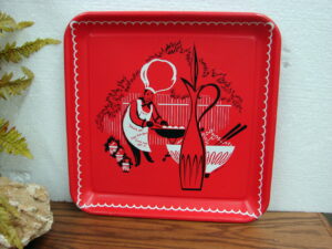 Vintage MCM Metal BBQ Grill Tray Round Red Rooster Tole Serving Platter, Moose-R-Us.Com Log Cabin Decor