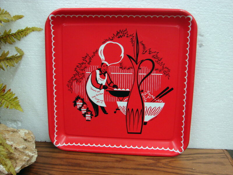 Vintage Square MCM 1950&#8217;s Stoyke BBQ Chef Metal Tray Marcelline Chef, Moose-R-Us.Com Log Cabin Decor