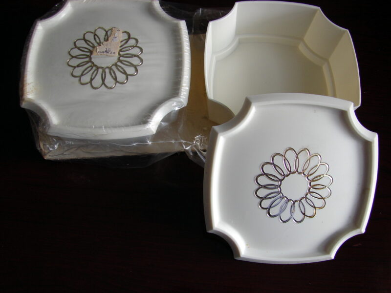 Vintage Retro 1970&#8217;s Plastic Vanity Covered Plastic Containers Set/4 Brand New, Moose-R-Us.Com Log Cabin Decor