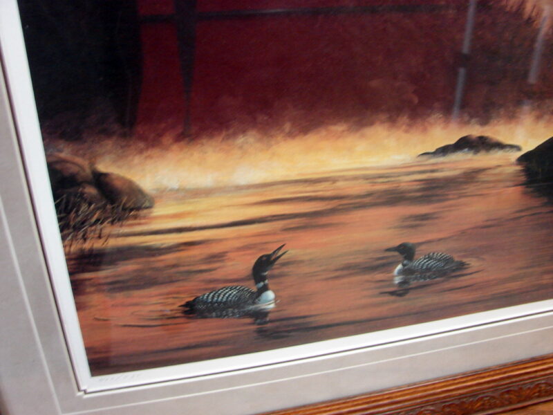 Wilderness Voices Artwork Sunrise Fog Loon Artist Cyr COA Carved Wood Frame, Moose-R-Us.Com Log Cabin Decor